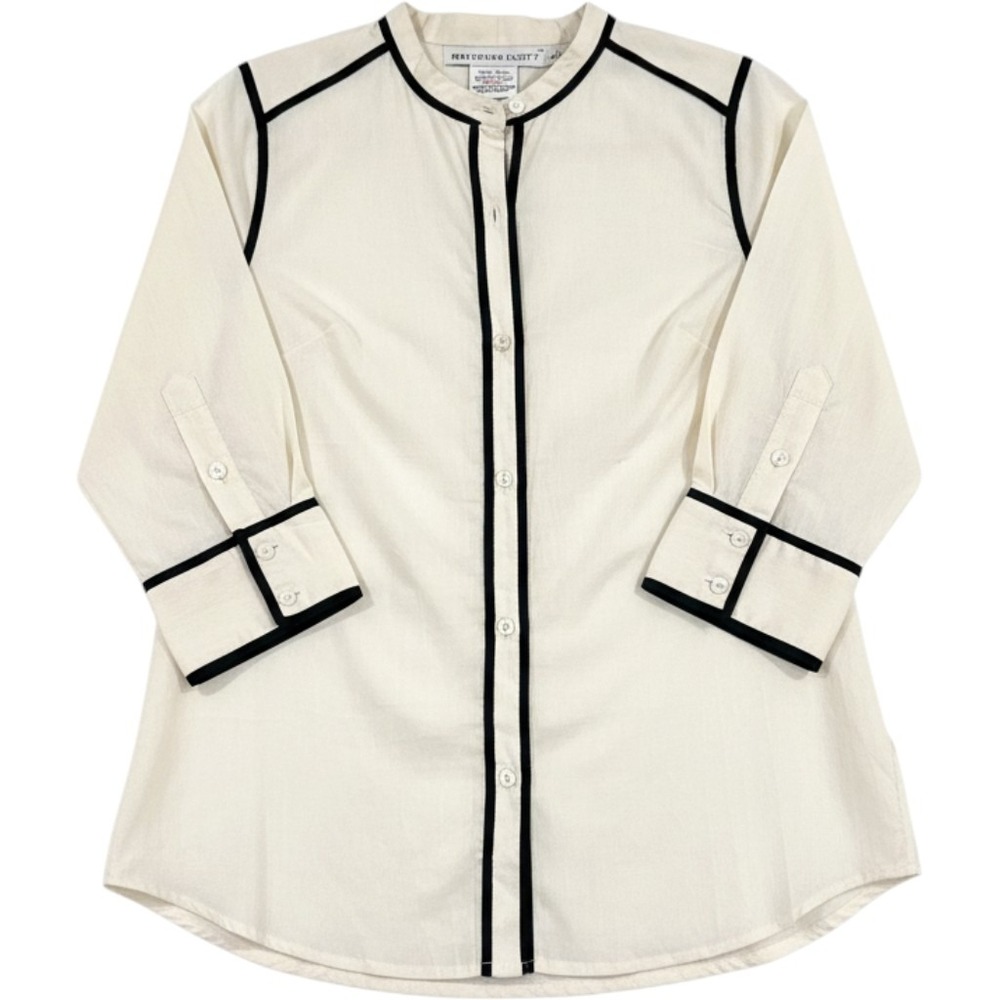 Gretchen Scott Button Down Women L Cream Black Grosgrain Trim Preppy Coastal